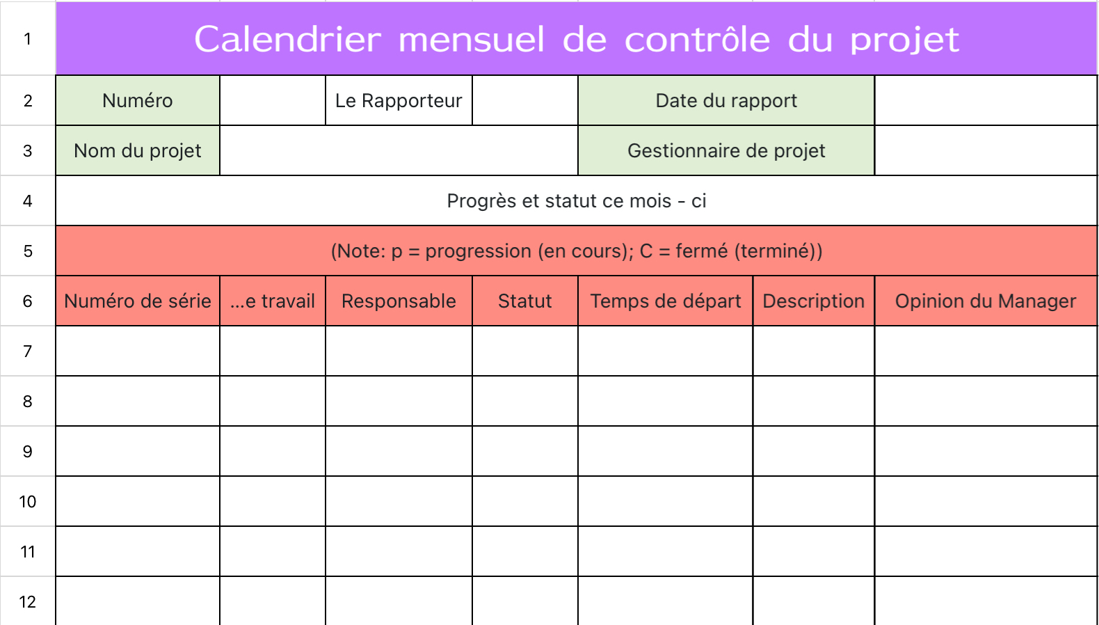 Calendrier mensuel de contrôle du projet